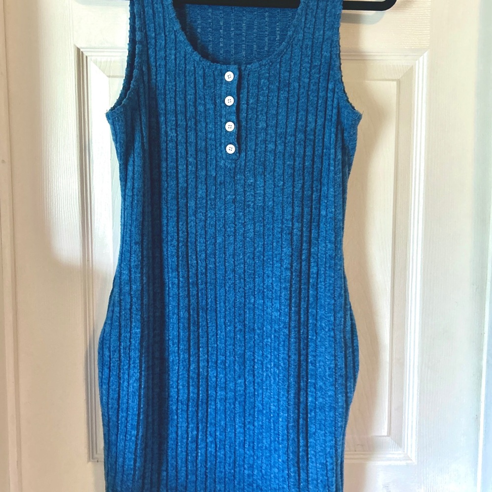 Blue Fitted Stretchy Dress with Pockets